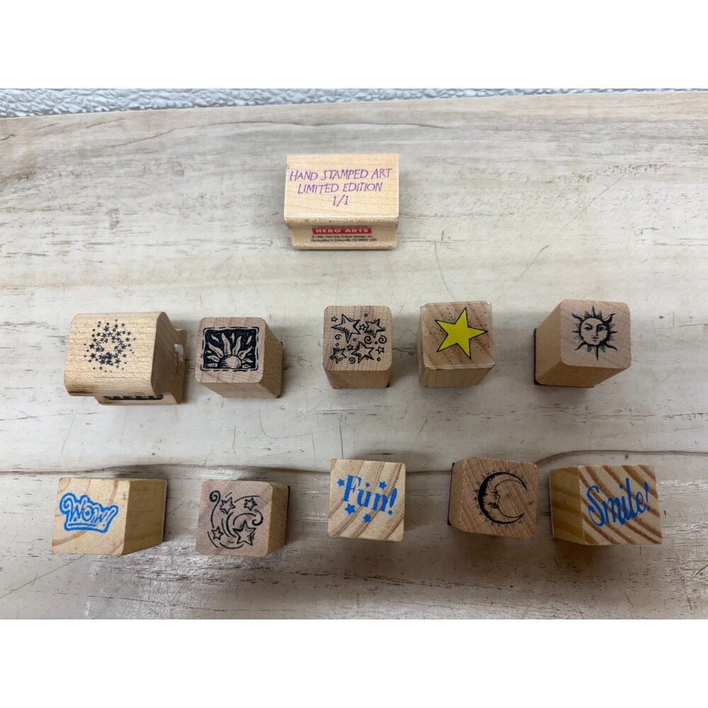 Set Of 11 Mixed Brands Wood Mounted Rubber Stamps